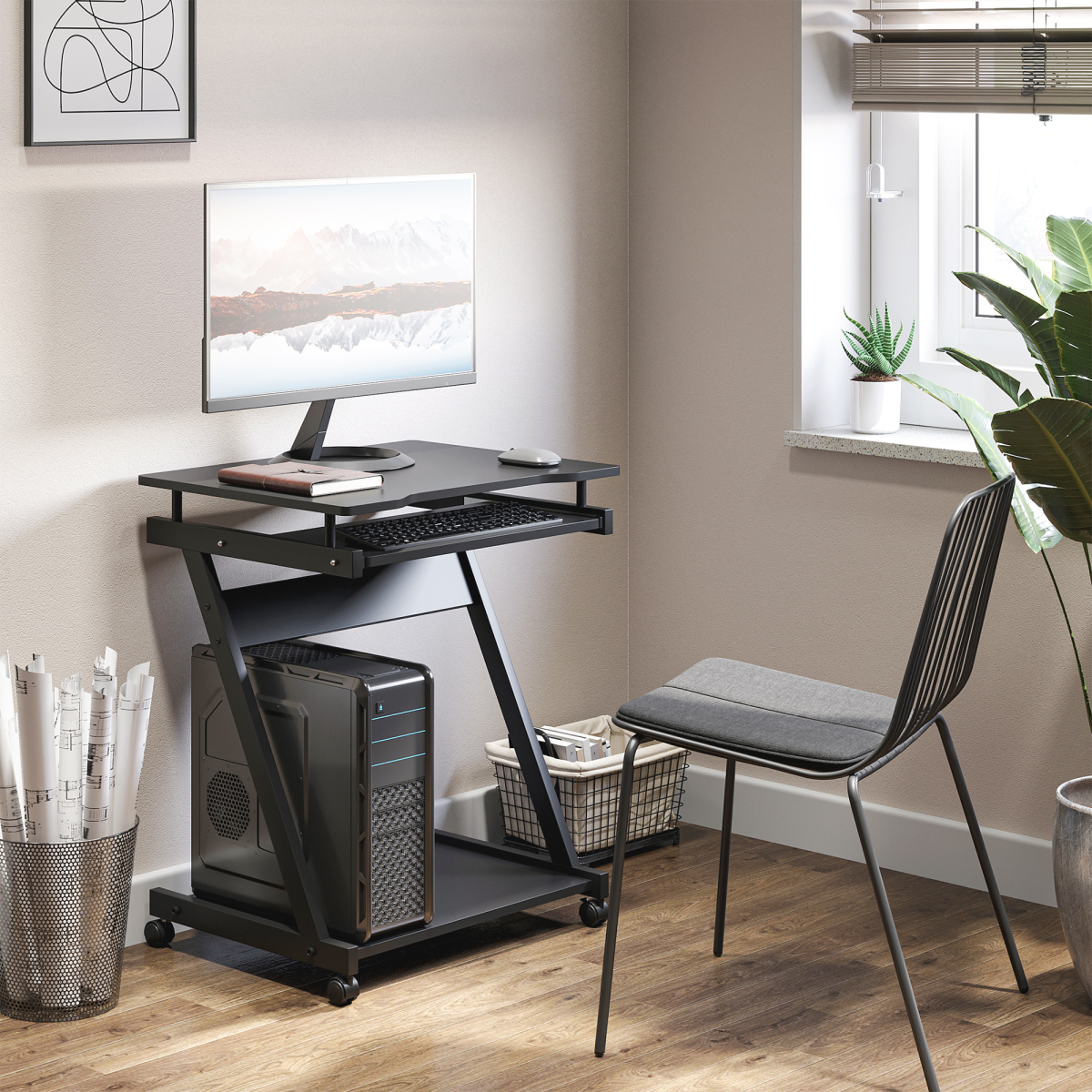 Movable Computer Desk with 4 Moving Wheels Sliding Keyboard Tray Black