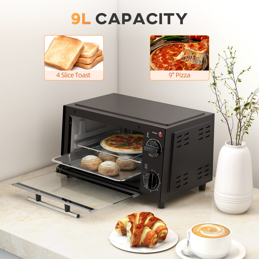 9L Mini Oven: 750W Countertop Toaster & Grill with Glass Window