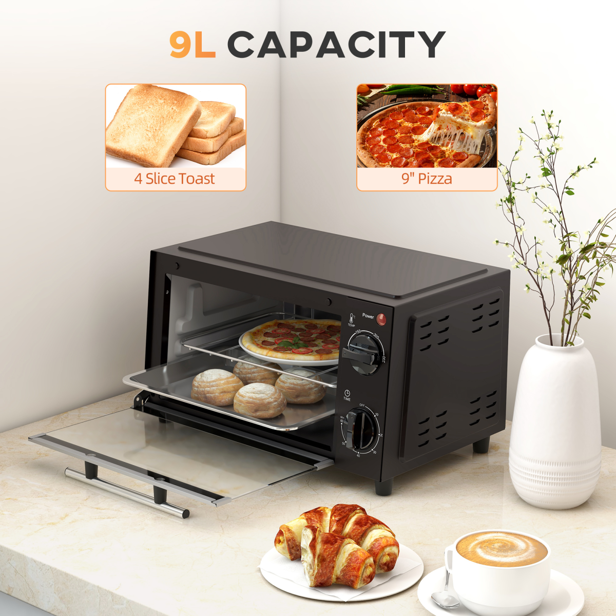 9L Mini Oven: 750W Countertop Toaster & Grill with Glass Window