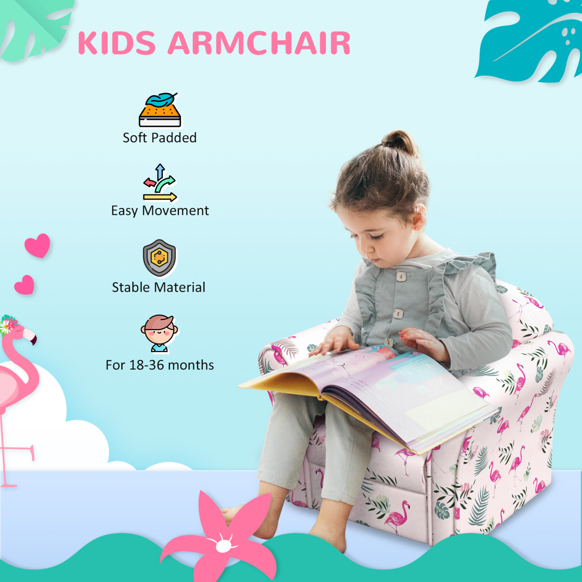 AIYAPLAY Kids Sofa Chair with Flamingo Design for Bedroom, Playroom, Pink